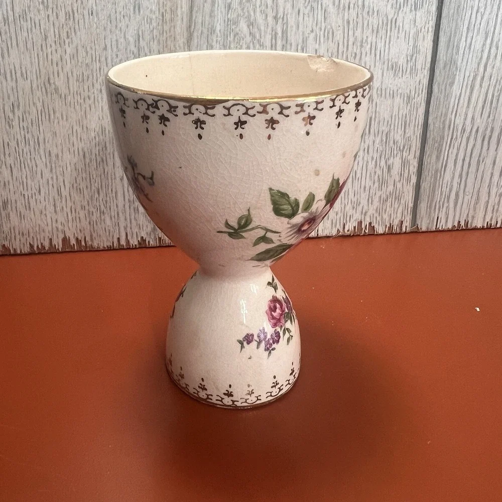 Vintage Double Egg Cup Japan Flower‎ golden trim floral delicate
